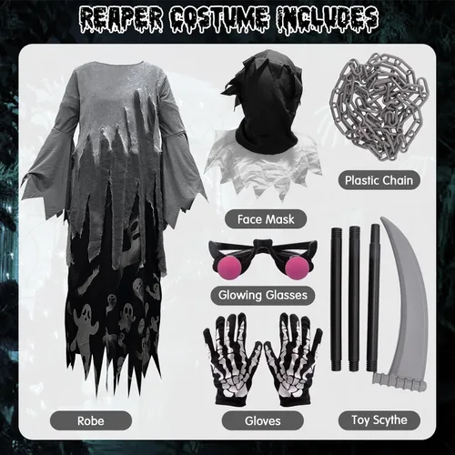 Vista 4 de Dekewe Disfraces de Halloween de la parca para niños y niñas, disfraz de Halloween aterrador con ojos brillantes de la guadaña Cosplay
