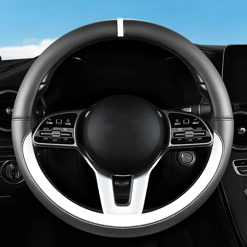 Vista 18 de Funda de cuero para volante de automóvil, material Panapi, universal de 14.5-15 pulgadas, antideslizante, transpirable, fundas para volante