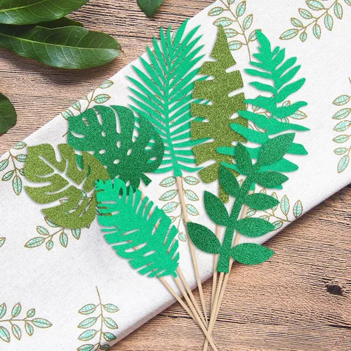 Vista 2 de 7 piezas de hojas tropicales con purpurina para tartas, plantas verdes de la selva, paletas, hojas de palmera, decoración de pasteles para verano