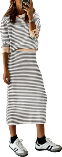 Vista 19 de PRETTYGARDEN - Conjunto de falda de suéter a rayas de 2 piezas para mujer Rayas de albaricoque