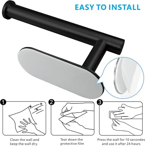 Vista 6 de Soporte para papel higiénico autoadhesivo, sin taladrar para baño, baño, baño, soporte de pared, acero inoxidable (negro)