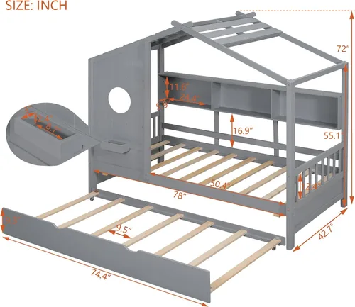 Vista 2 de Cama moderna de tamaño individual con nido, marco de cama de madera resistente con armazón de almacenamiento, techo y ventana para niños, niñas