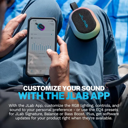 Vista 7 de JLab, Partido pop, altavoz Bluetooth portátil, impermeable IP55, LED RGB personalizable, negro