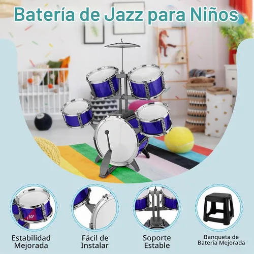 Vista 3 de Juego de batería para niños, 5 piezas, kit de batería de jazz con taburete Azul