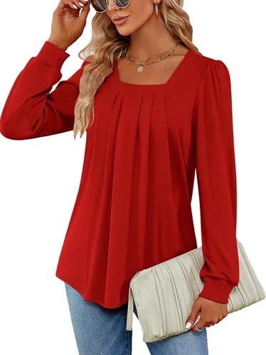 Vista 7 de Funlingo 2023 - Blusas de manga larga para mujer, estilo túnica, plisadas, con cuello cuadrado, estilo casual, holgadas