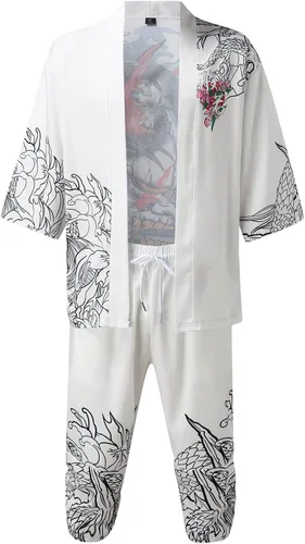 Vista 2 de Conjunto de kimono japonés para hombre, manga siete abierta, traje de cárdigan urbano, casual, holgado, estampado Yukata, B6