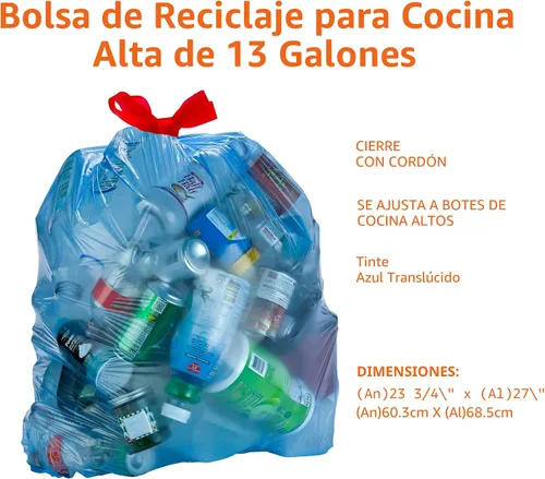 Vista 3 de Bolsas de basura Amazon Basics azules para reciclaje, sin olor, 13 galones, 60 unidades, paquete de 1