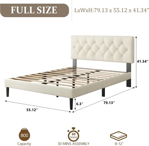 Vista 2 de CXVX Marco de cama de tamaño matrimonial con estructura de plataforma y cabecera tapizada, diseño con botones, listones de madera resistentes,