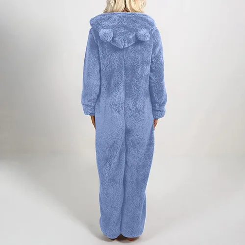 Vista 4 de Adult Onesie For Women Fuzzy Fleece One Piece Zipper Pajamas Plus Size Winter Loungewear Solid Jumpsuit With Ear Hood