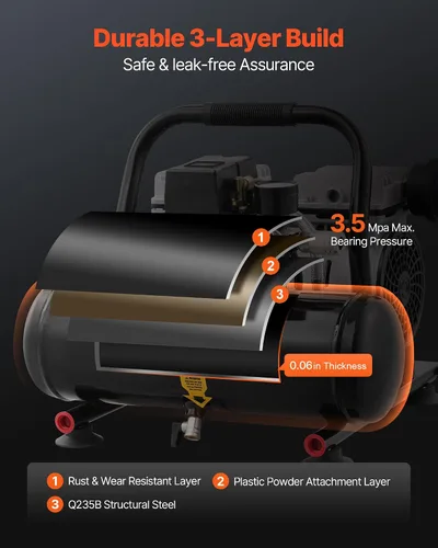 Vista 5 de VEVOR Compresor de aire, tanque de acero de 1 galón, compresor de aire libre de aceite de 1 HP 1.5 CFM a 90 PSI y presión máxima de 120 PSI