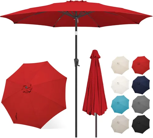 Vista 19 de FLAME&SHADE Sombrilla de patio de 11 pies, sombrilla de mesa para exteriores con botón de inclinación y manivela, protección UV, 8 varillas