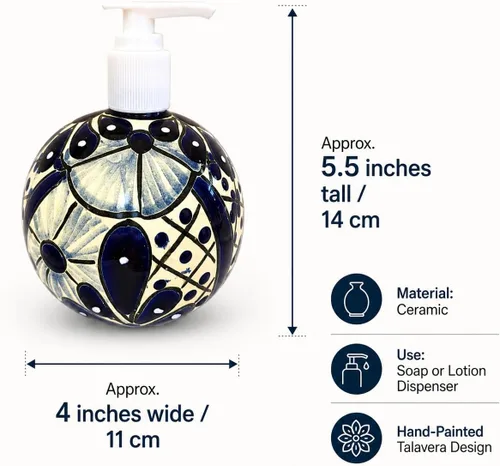 Vista 5 de Talavera - Dispensador de jabón y loción de cerámica – Talavera azul y blanco – para encimeras de cocina o baño – Cerámica mexicana pintada a mano
