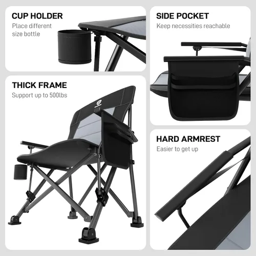 Vista 7 de EVER ADVANCED Oversized Folding Camping Chair for Adults with Adjustable Lumbar Support, Heavy Duty Chair with Side Pockets, Portable Collapsible