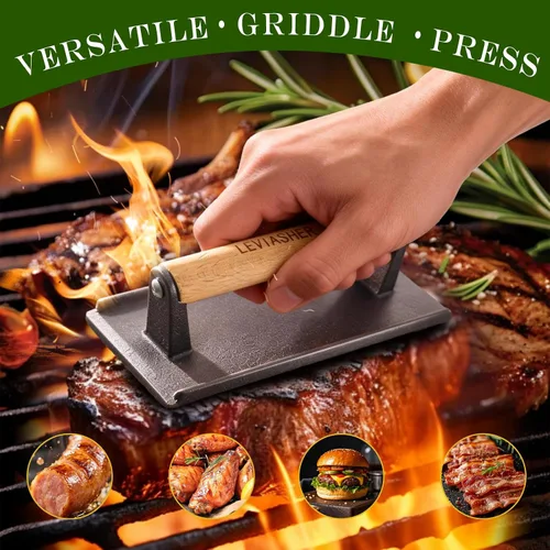 Vista 2 de Paquete de 2.1 libras de peso para carne y hamburguesa, base a rayas, prensa de hierro fundido resistente de 7 x 4 pulgadas con mango de madera