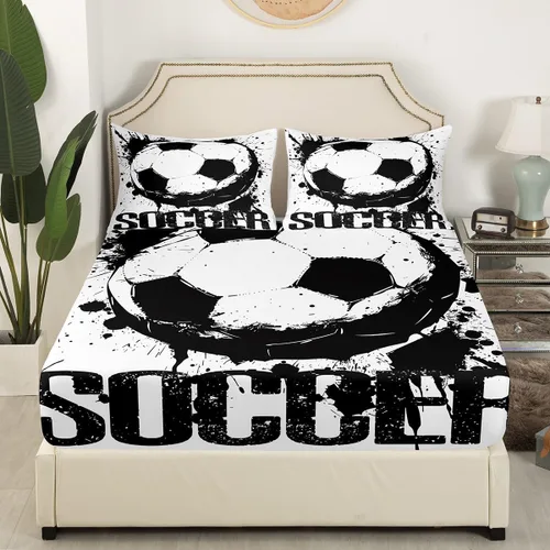 Vista 3 de Juego de ropa de cama de fútbol, tamaño individual, juego de pelota para niños, sábana bajera, pelota deportiva, color blanco y negro, ropa de cama