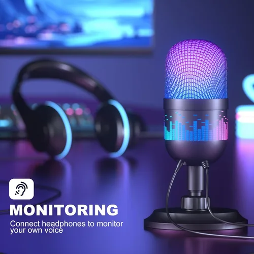 Vista 5 de Aokeo - Micrófono USB para juegos, micrófono de condensador para PC/MAC/PS4/PS5/Teléfono - Micrófono cardioide con iluminación RGB