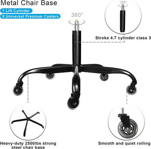 Vista 5 de Frassie Silla de oficina de 28 pulgadas, base de metal, repuesto para silla de computadora resistente, parte de base con 5 ruedas, 1 cilindro