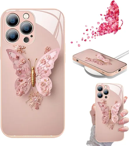 Vista 9 de Funda de vidrio con patrón de mariposa 3D plana compatible con iPhone, funda para teléfono con cubierta de vidrio con patrón de mariposa