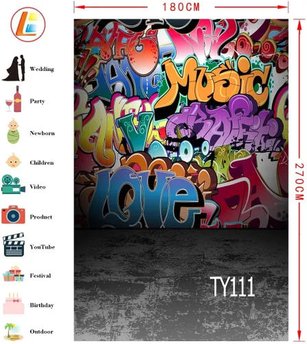 Vista 2 de LB Telón de fondo de graffiti hip hop para fotografía de los años 80 y 90 para decoración de fiestas de 3 x 5 pies, fondo de fotos de retrato