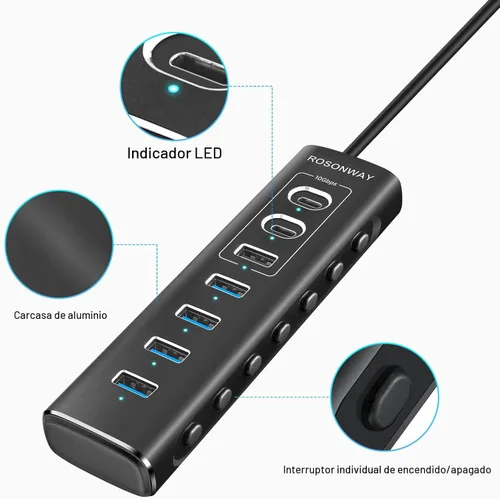 Vista 7 de Concentrador USB alimentado, concentrador USB 3.2/USB C de 7 puertos Rosonway con USB-A 3.2 de 10 Gbps, 2 USB-C 3.2, 4 puertos USB 3.0