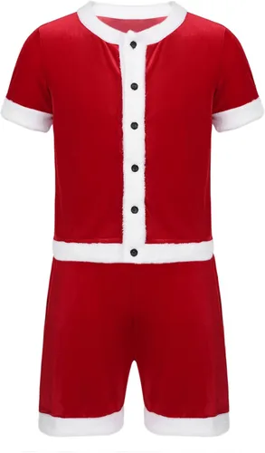 Vista 4 de Disfraz de Papá Noel de Navidad para hombre, traje de adulto, traje de fiesta de cosplay, camiseta y pantalones cortos
