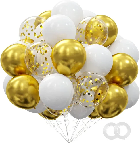 Vista 15 de Kit de 72 globos de confeti negro y dorado, globos negros, dorados y blancos de 12 pulgadas y globos de confeti dorado con cintas para globos