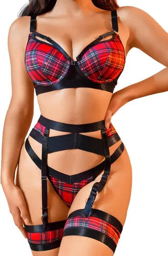 Vista 74 de Kaei&Shi - Lencería con liguero para mujer, conjunto de encaje traslúcido y sexy de 4 piezas combinadas