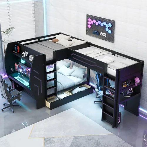 Vista 3 de Cama tipo loft en forma de L tamaño matrimonial e individual con 2 escritorios, tablero de clavijas y cajones de almacenamiento, marco de cama