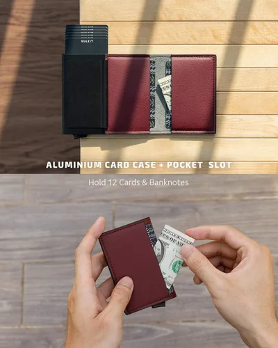 Vista 4 de VULKIT Tarjetero de crédito con bloqueo RFID, de cuero, automático, de aluminio, delgado, para tarjetas de visita