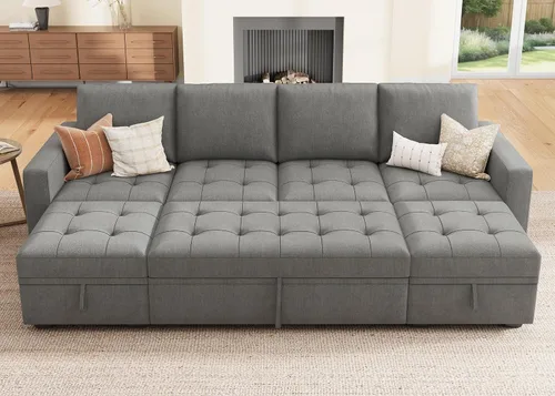 Vista 13 de HONBAY Sofá cama modular modular con cama extraíble, sofá en forma de L con asiento de almacenamiento, sofás seccionales para sala de estar, beige