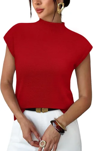 Vista 8 de Sampeel Suéter de manga corta para mujer, cuello alto, para verano, elegante, informal, básico, de punto