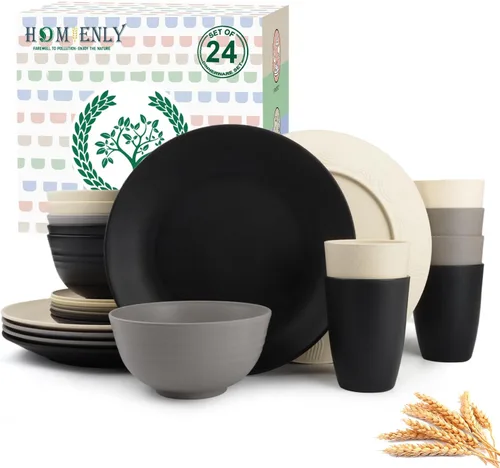 Vista 22 de Homienly Juegos de Vajilla Premium de Paja de Trigo, Platos y Tazones Ligeros e Irrompibles, Tazas, Servicio para 4, Apto para Lavavajillas