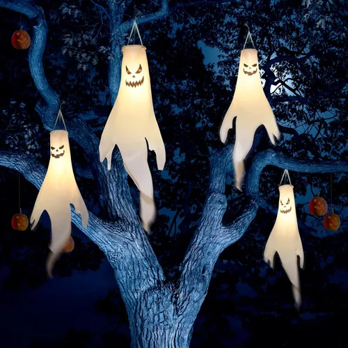 Vista 3 de Decoraciones de Halloween, para colgar al aire libre, calcetines de viento fantasma para árboles con temporizador, fantasmas LED para colgar