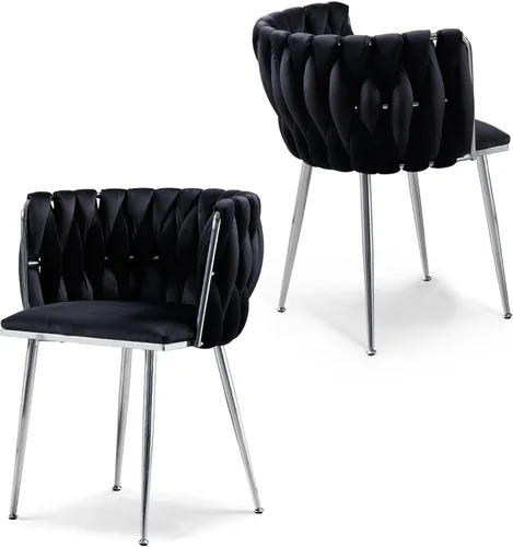 Vista 16 de Juego de 2 sillas de comedor de terciopelo, sillas laterales tapizadas tejidas con patas de metal negro, sillas decorativas modernas, sillas
