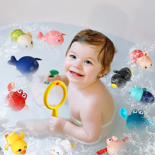 Vista 6 de Outus Los juegos de juguetes de baño de 14 piezas incluyen 12 juguetes flotantes con 2 redes de pesca en forma de pato, juegos de piscina, juguete