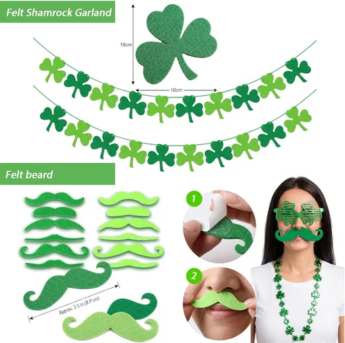 Vista 4 de 94 piezas de accesorios del día de San Patricio, regalos de fiesta del día de San Patricio incluyen pancarta de fieltro de trébol, gafas de trébol