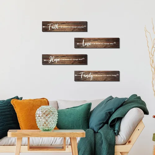 Vista 3 de 4 letreros de madera rústica con texto en inglés «Faith Love Hope», «Make All Things Possible», «Easy Work Living» para decoración de pared
