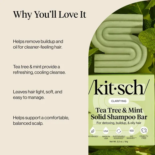 Vista 9 de Kitsch Tea Tree & Mint Clarifying Shampoo and Shave Bar, Champú anticaspa para hombres y mujeres, sin plástico, sin sulfato. Champú para el cabello