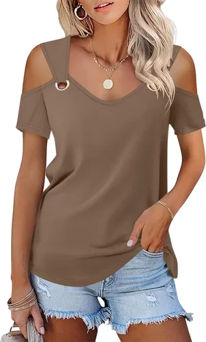 Vista 23 de Minetom - Camisetas básicas de verano para mujer, de manga corta, con hombros descubiertos y cuello en V