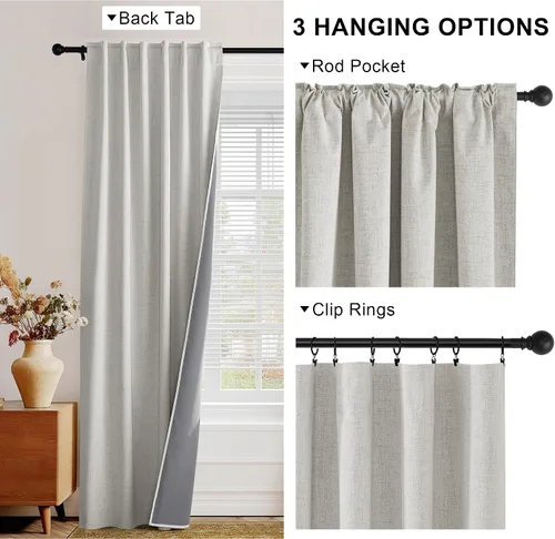 Vista 3 de PONY DANCE Cortinas de lino 100% opacas de 63 pulgadas de largo para dormitorio, sala de estar, oscurecimiento completo, bolsillo para barra