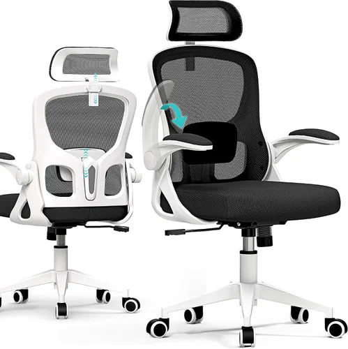 Vista 9 de Silla de oficina ergonómica, silla de escritorio de malla con reposacabezas ajustable y soporte lumbar, silla de computadora con ruedas con Blanco