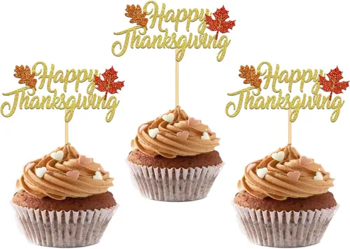 Vista 9 de 24 adornos de otoño para cupcakes para decoración del día de Acción de Gracias, lazo con purpurina para pasteles Thankful Blessed Grateful para Bow-a