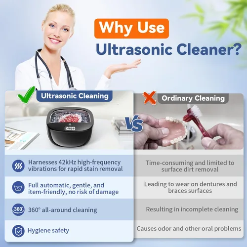 Vista 7 de Limpiador ultrasónico de retenedor, cápsula de limpieza dental de 45kHz para dentaduras, alineadores, protectores nocturnos y joyas, limpiador