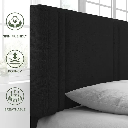 Vista 4 de Feonase Marco de Cama de Plataforma de Tamaño Completo, Marco de Cama Tapizado en Tela con Respaldo Alado, Listones de Madera Maciza y Soporte