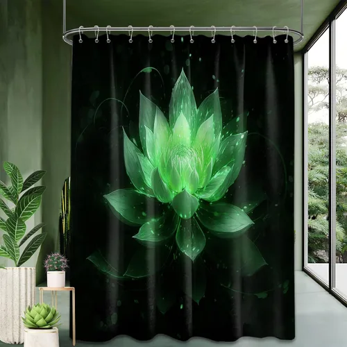 Vista 45 de Cortina de ducha con flores de loto negro y azul para decoración de baño, juego de cortinas decorativas de baño con estampado floral, tela