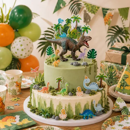 Vista 5 de Decoraciones de cumpleaños de dinosaurios, adornos de pastel de dinosaurio con árboles de huevos para fiesta de cumpleaños, fiesta temática