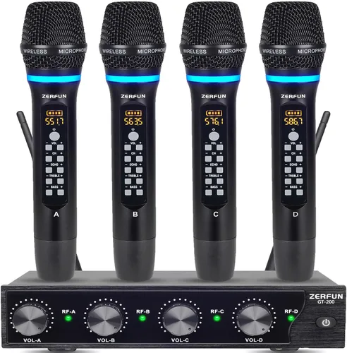 Vista 10 de Sistema de Micrófono Inalámbrico Recargable de 4 Canales, Micrófono de Mano de Metal UHF Profesional con Auriculares y Micrófono de Solapa Lavalier