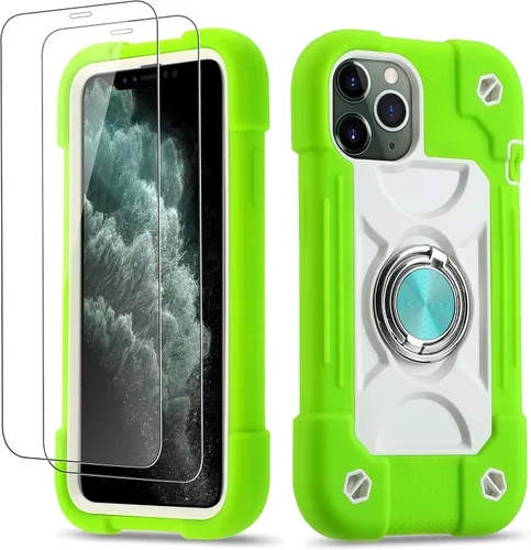 Vista 93 de Funda para iPhone 11 de 6.1 pulgadas con soporte de anillo, con 2 protectores de pantalla de vidrio, resistente a los golpes, resistente a