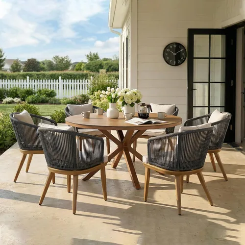 Vista 40 de PURPLE LEAF Juego de muebles para patio de 7 piezas, juego de mesa y sillas de mimbre para exteriores, marco rectangular de aluminio para jardín