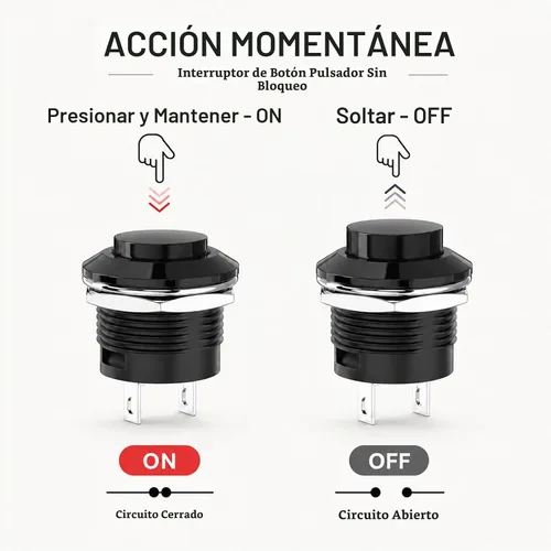 Vista 2 de Interruptor de botón momentáneo, mini interruptor redondo sin bloqueo, CA 250 V/3 A CA 125 V/6 A, tapa negra de apagado (10 piezas)